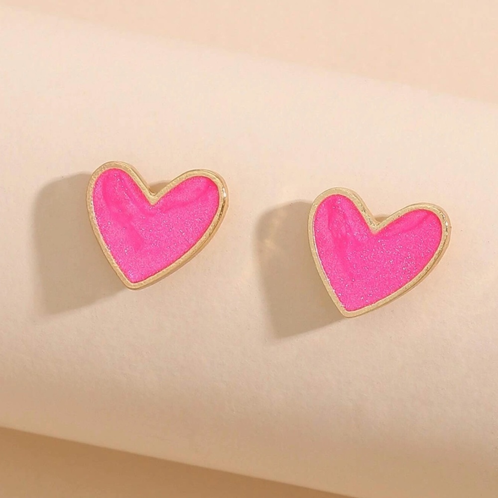 Pink Hearts Stud Earrings Yellow Gold Tone Fashion Jewelry